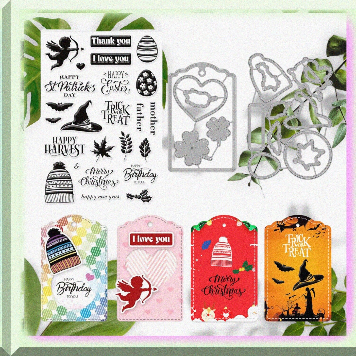 Tag Cutting Dies and Clear Stamps Set for Card Making