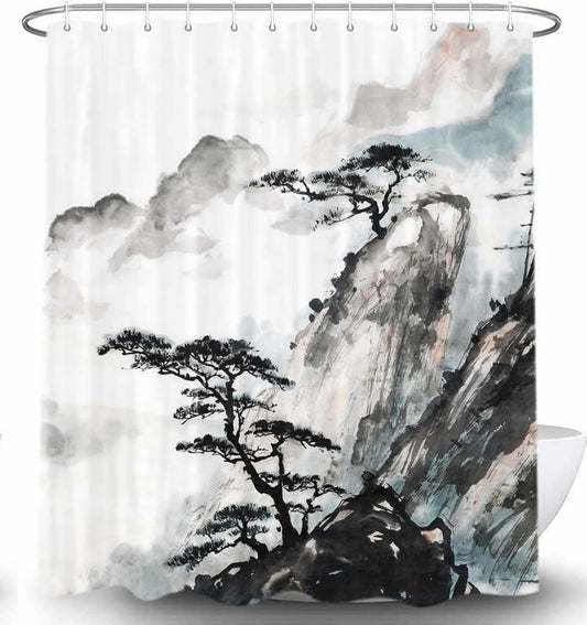 Asian Scenic Shower Curtain Set 60X70 Black Mountain Pine