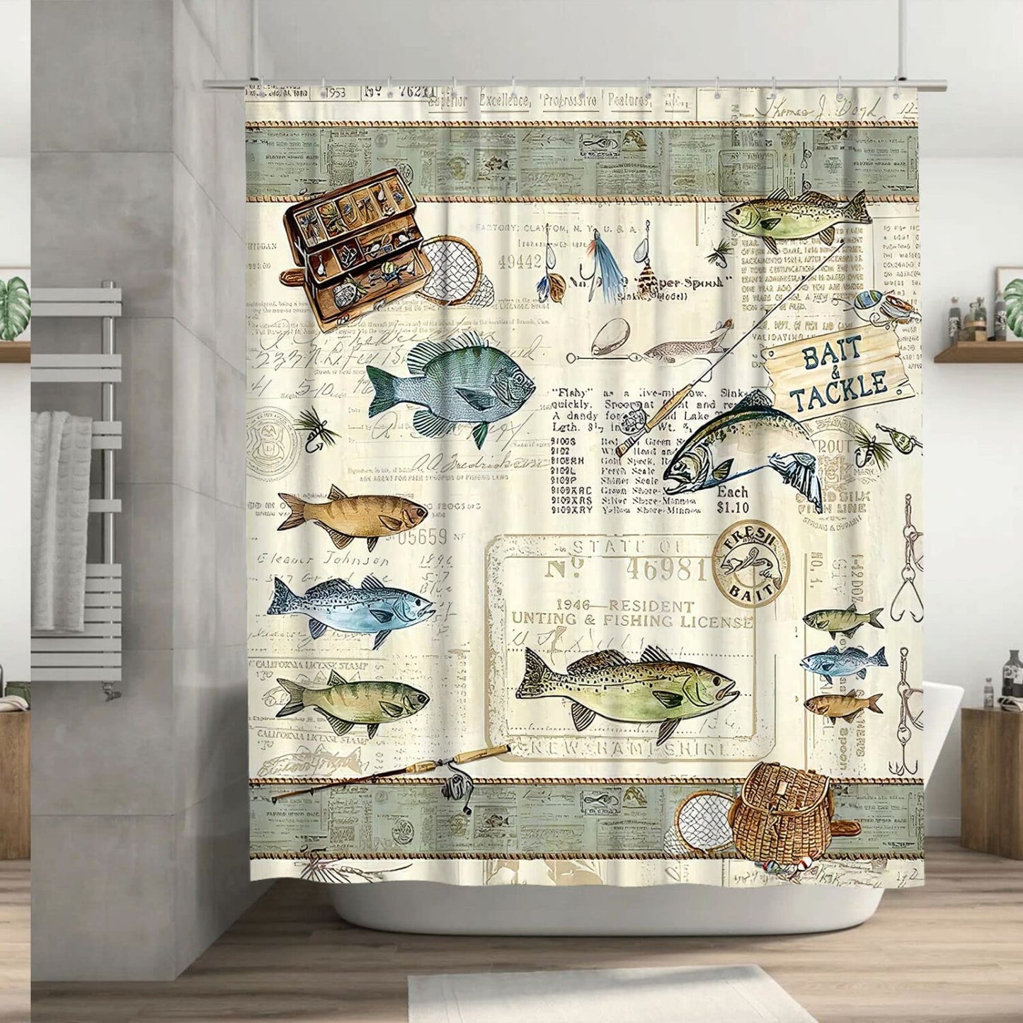 Farmhouse Fishing Shower Curtain 60x72 Waterproof Polyester