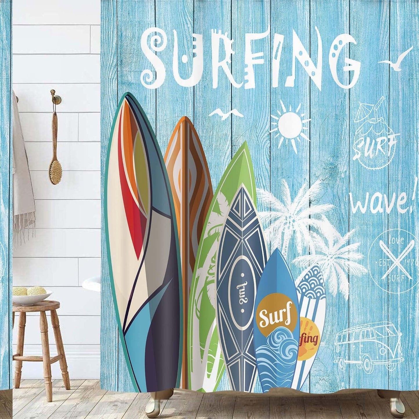 Beach Shower Curtain 69x70in Tropical Surfboard Palm Tree