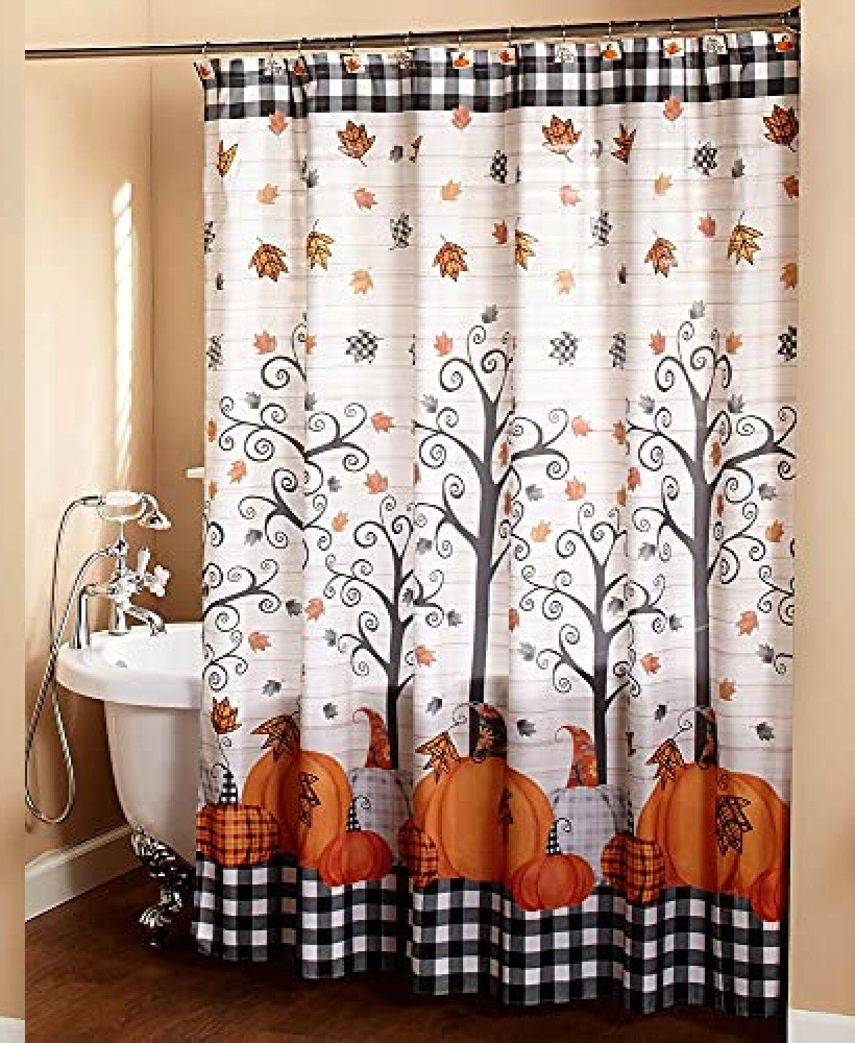 Plaid Pumpkin Bathroom Shower Curtain with Floral Accents