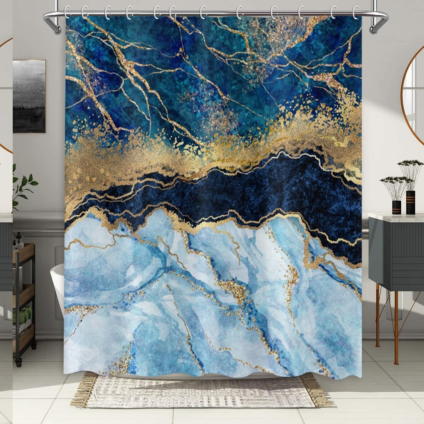 Blue Marble Shower Curtain with 12 Hooks