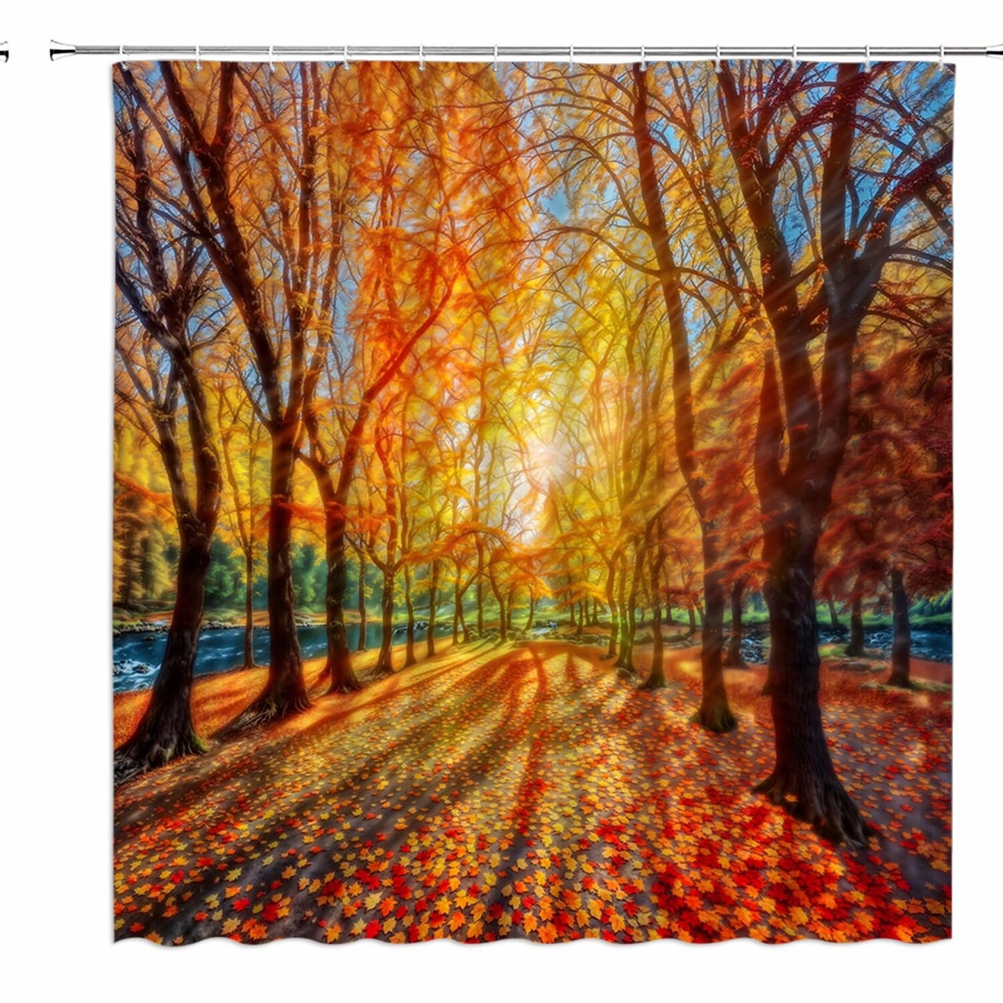Fall Forest Shower Curtain with Sunset Tree Scene
