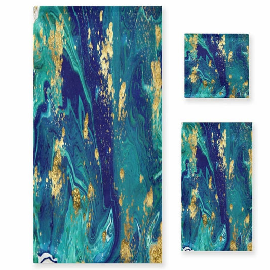 Marble Teal Gold Towels Set of 3 Navy Blue Green