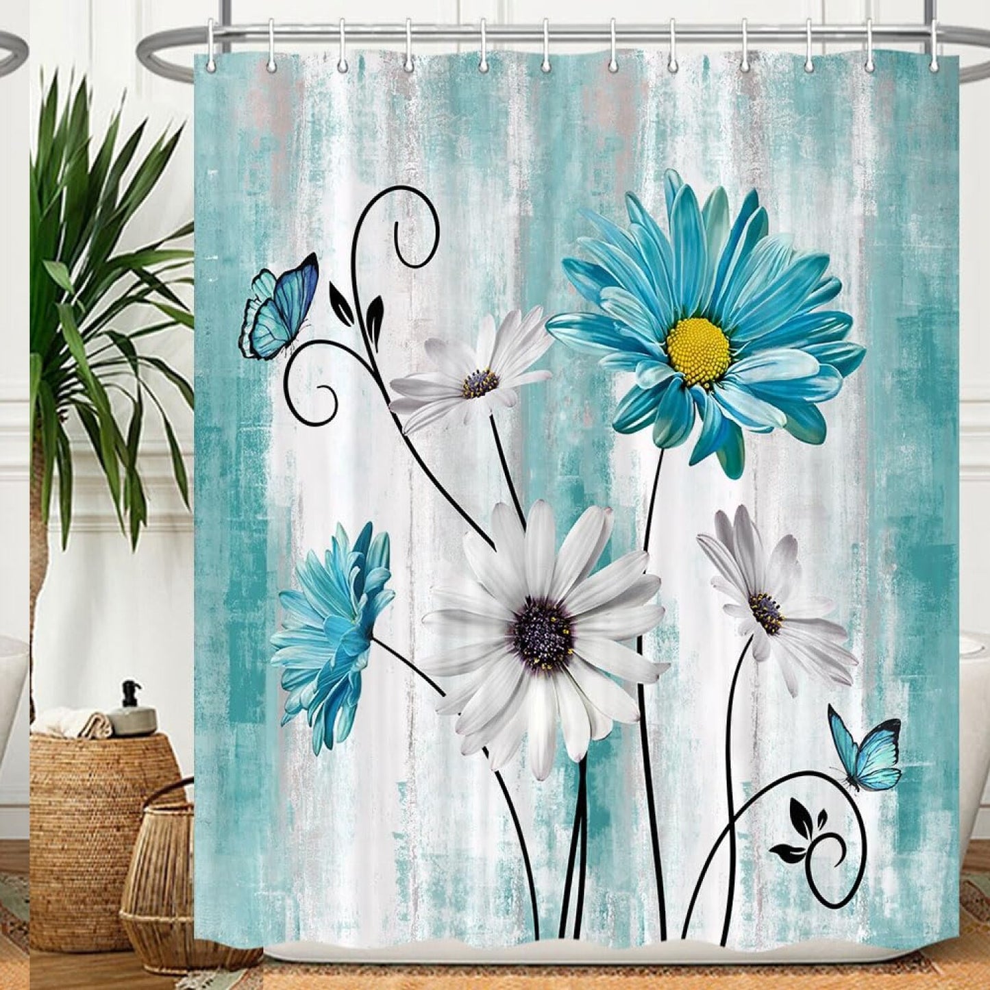 Teal Daisy Floral Shower Curtain 72x72 Inches