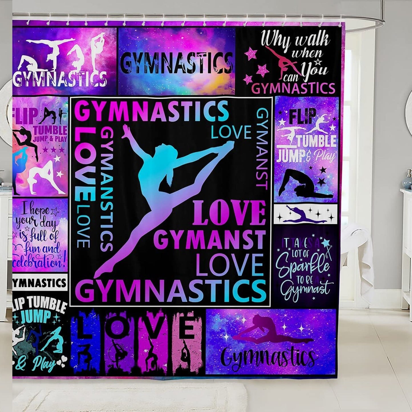 Gymnast Kids Shower Curtain 78x78 Watercolor Checkered