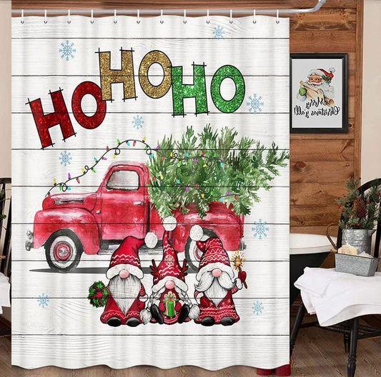 Cute Gnome Xmas Red Truck Bathroom Shower Curtain 72x72 in