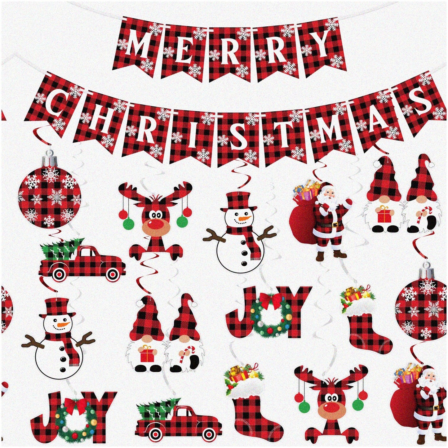Buffalo Plaid Merry Swirls Festive Decorations Set