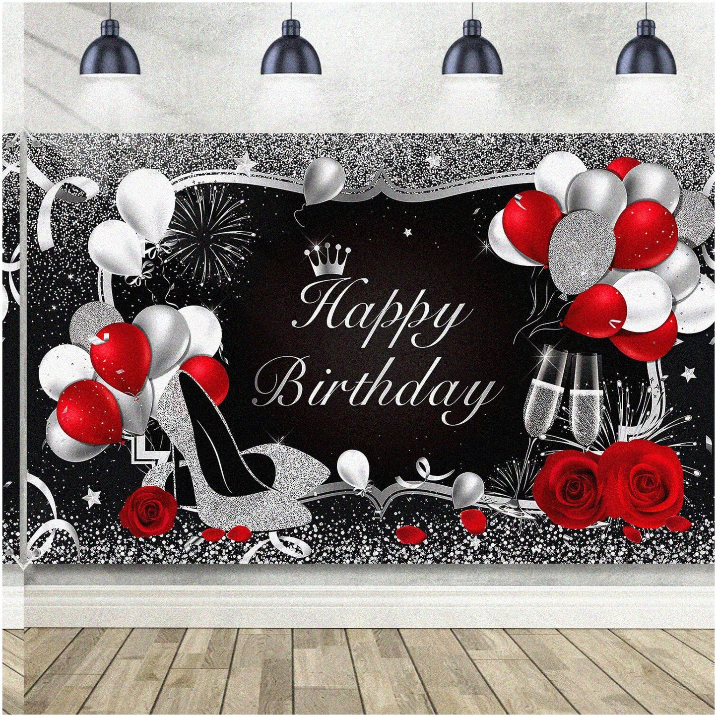 Silver and Black Happy Birthday Backdrop Set