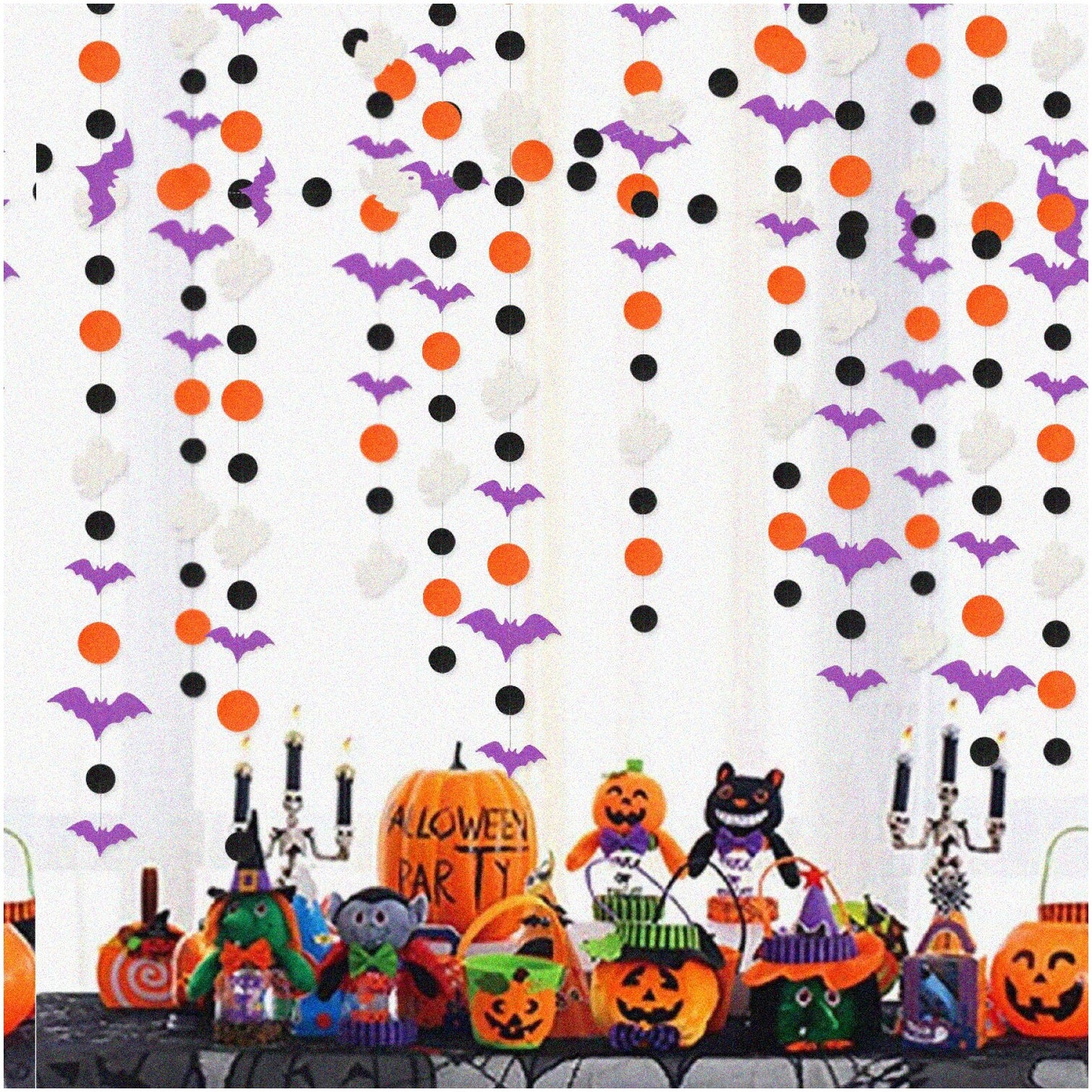 Halloween Garland with Purple Bat, White Ghost, Black and Orange Dots