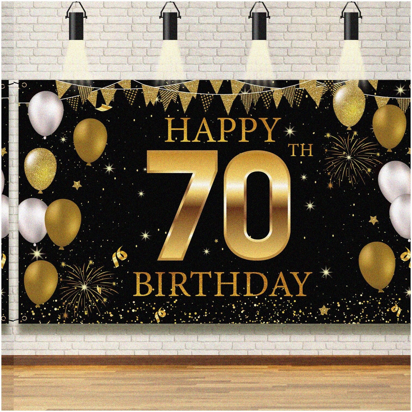 Black Gold 70th Birthday Backdrop Banner 6.1x3.6 ft