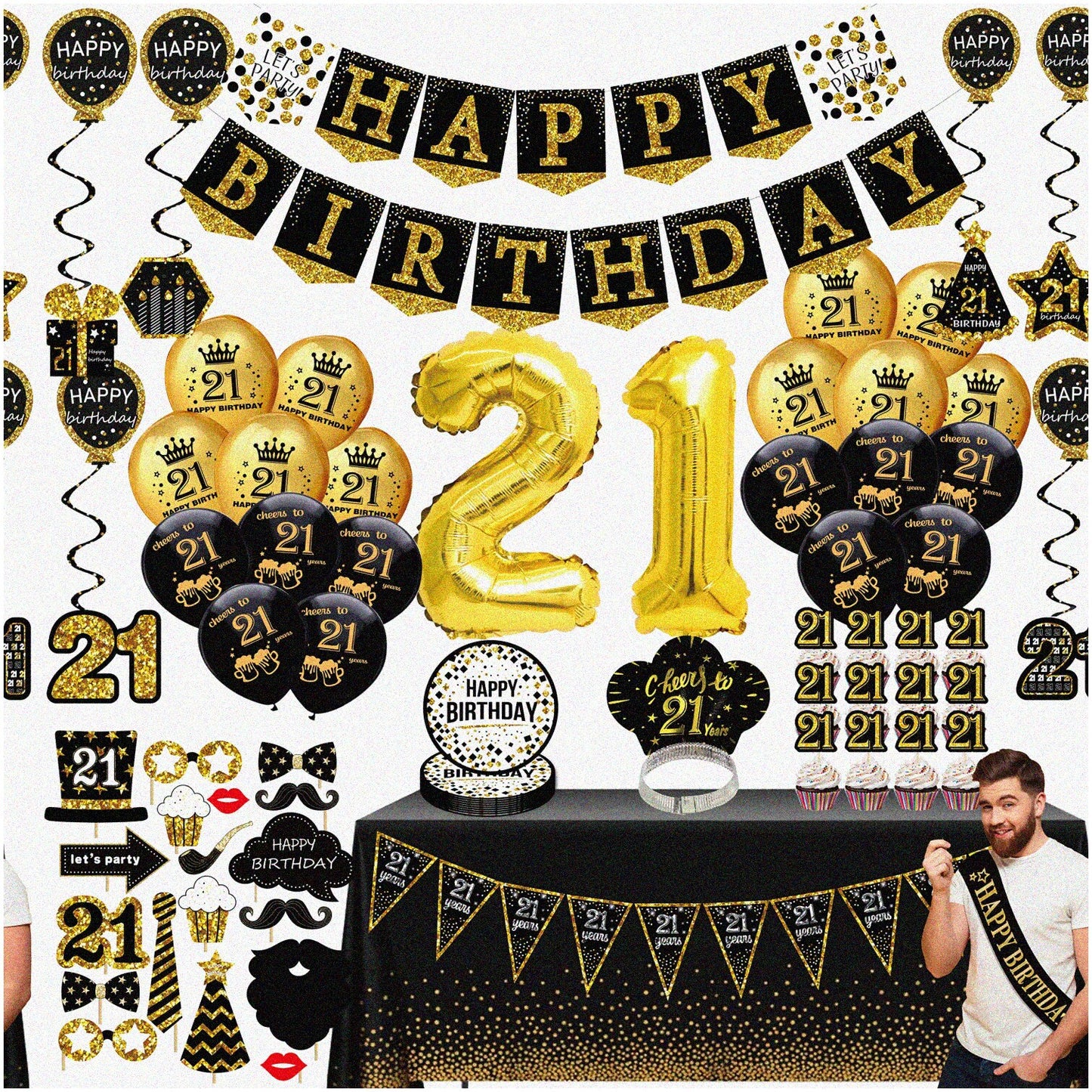 21st Birthday Celebration Kit Black & Gold 76 Pack