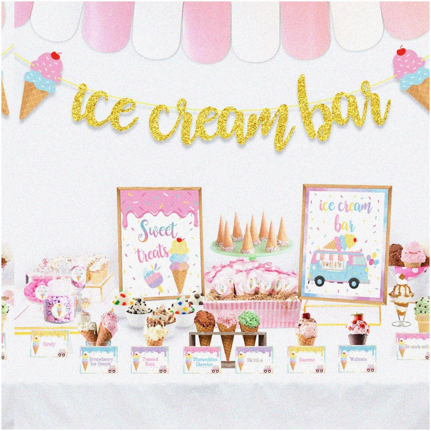 Ice Cream Bar Decor Kit with Banner, Sign, Labels, Tags, Stickers