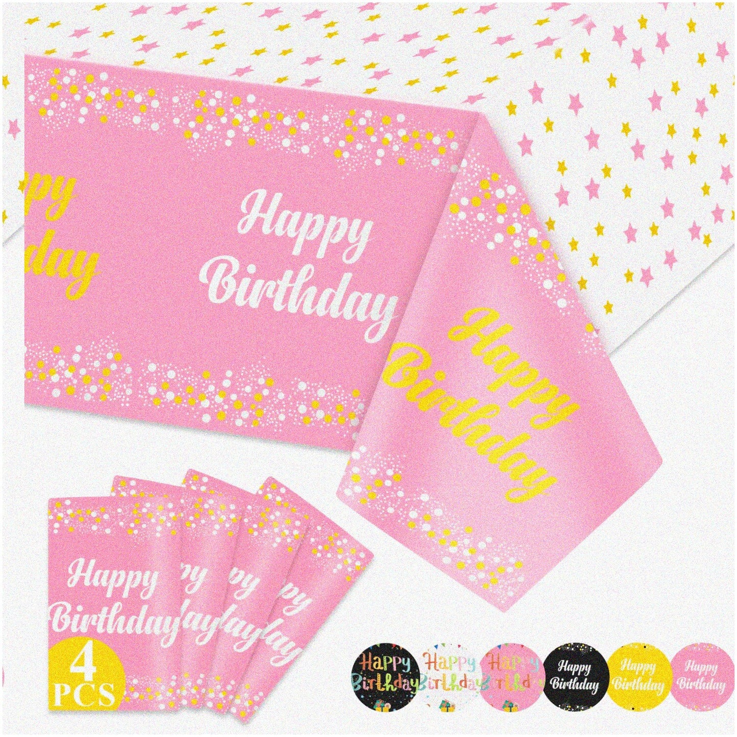 PartyPal Birthday Bash 4-Pack Pink and White Tablecloths
