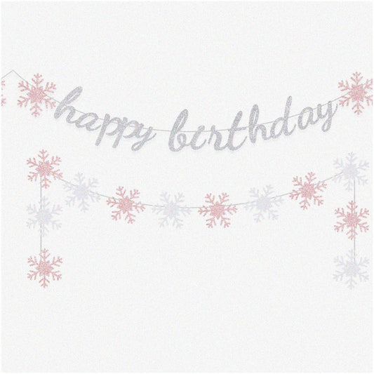 Snowflake Glitter Birthday Banner Pink Silver 50 Char