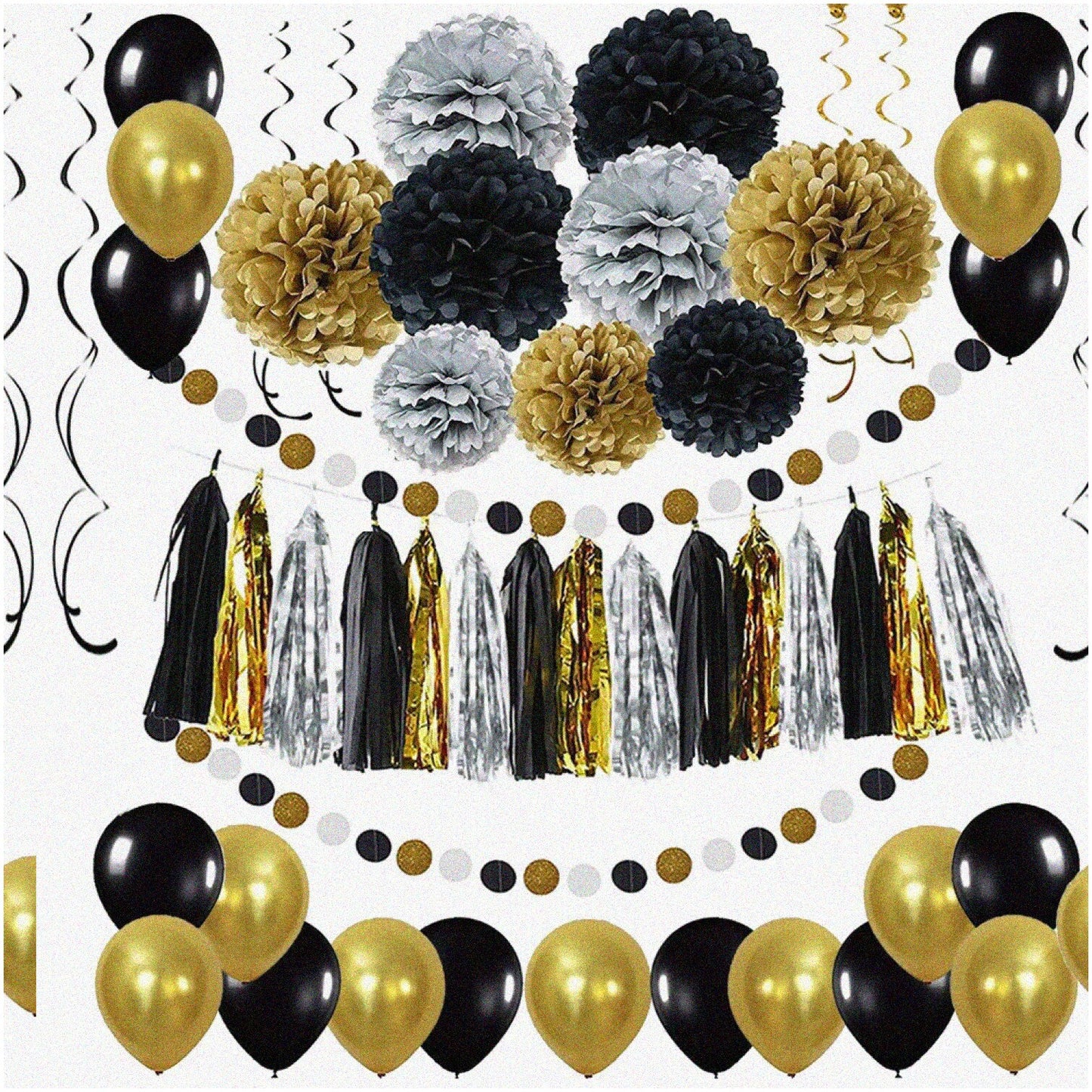 Golden Gala Party Decoration Set, 58 Pieces, Black, Gold, Silver