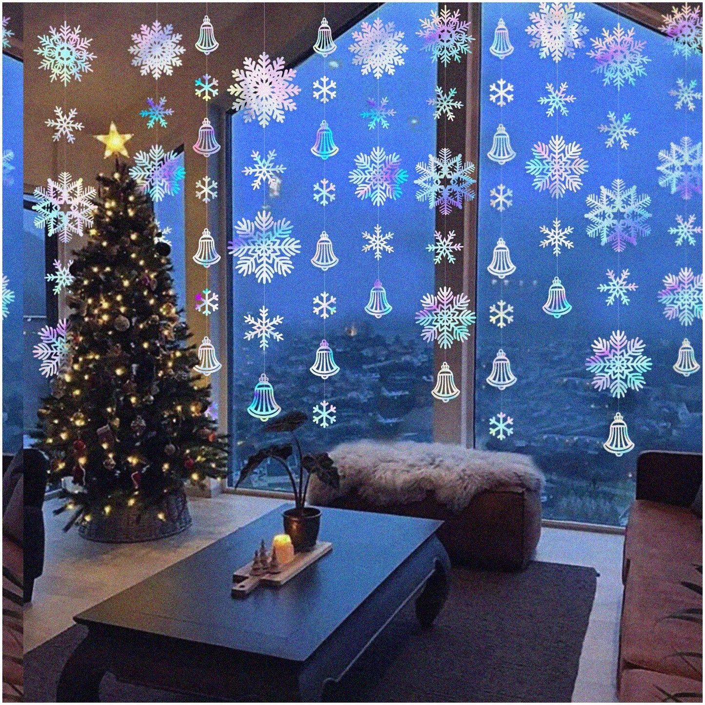 40 Ft Iridescent Snowflake Bell Garland & Holographic Streamer Set