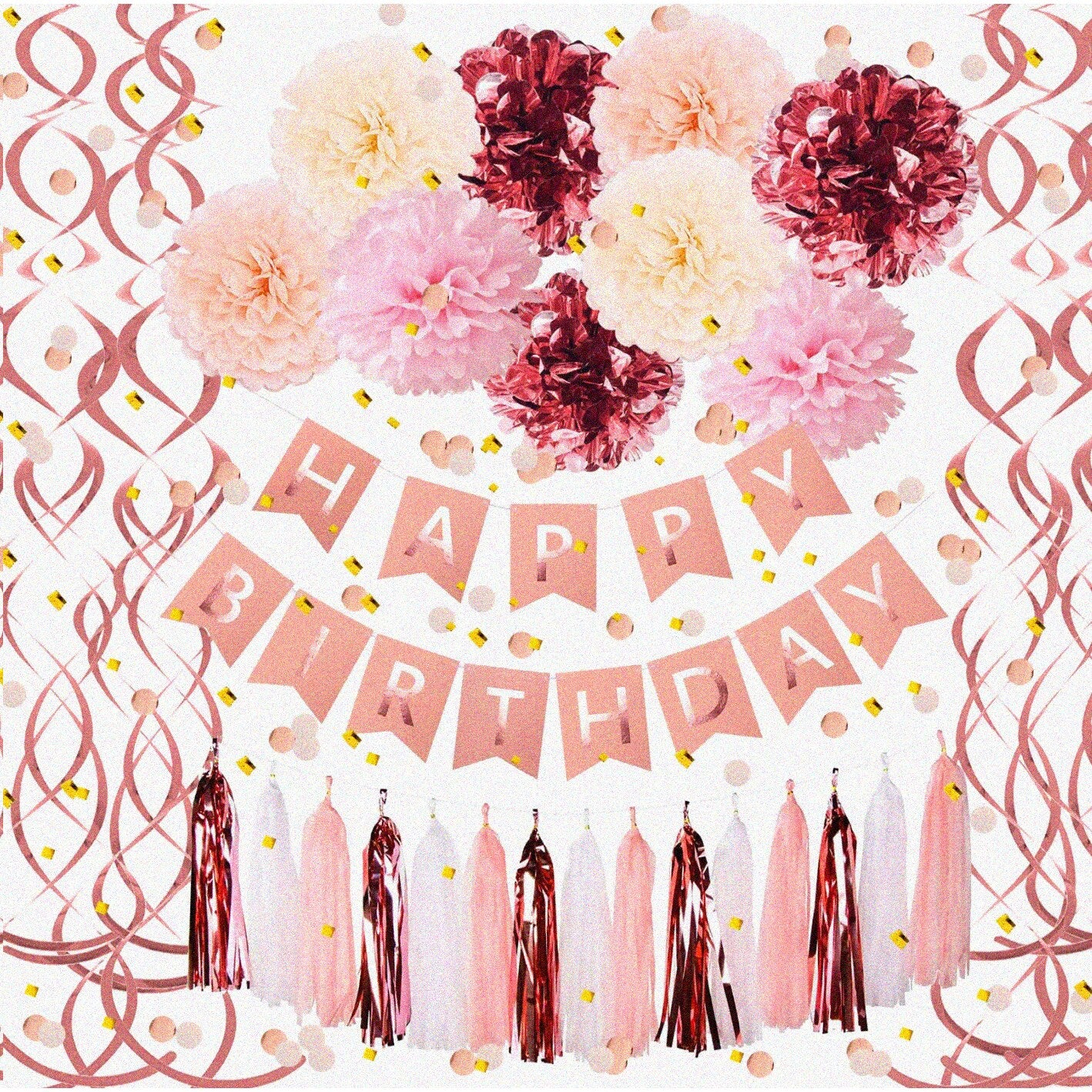 Rose Gold Birthday Celebration Kit with Banner, Pompoms, Swirls