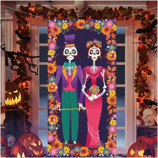 Muertos Magic Door Cover, Vibrant Dia De Los Muertos, Polyester