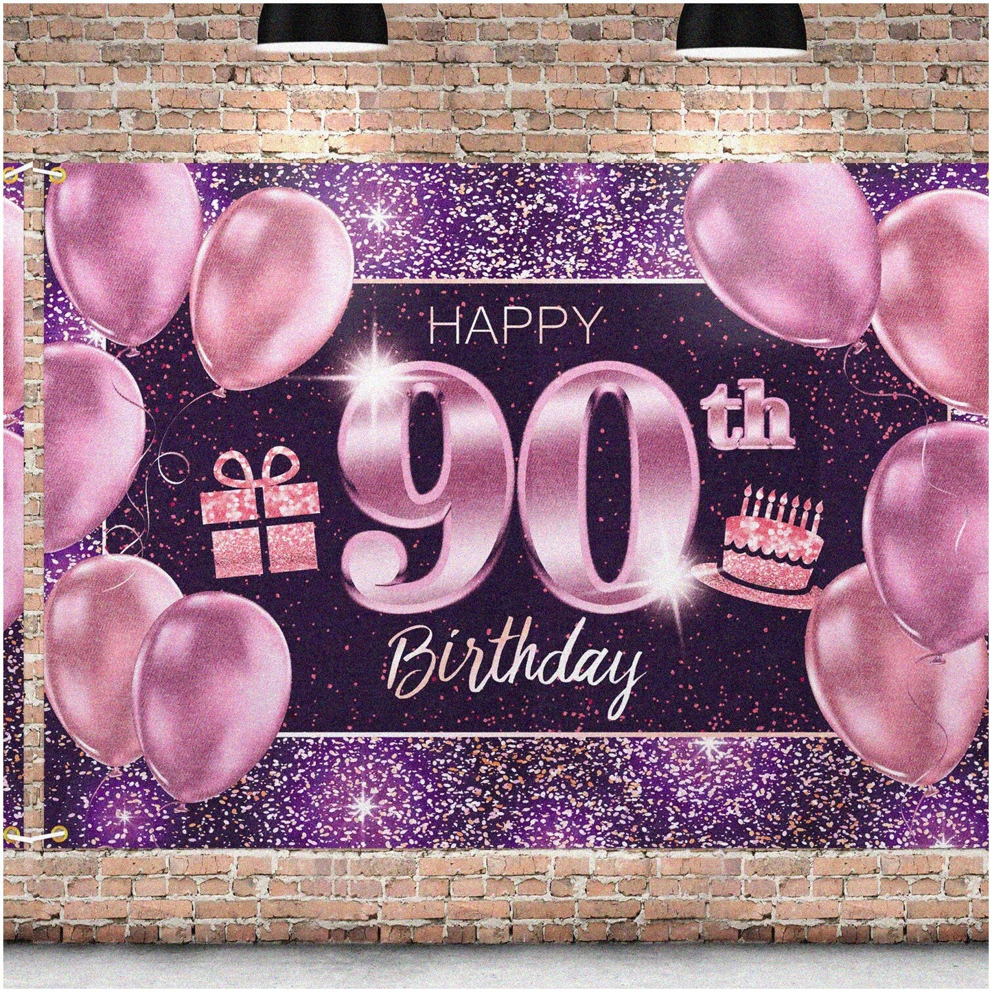 90th Birthday Backdrop 4x6ft Pink Purple Gold