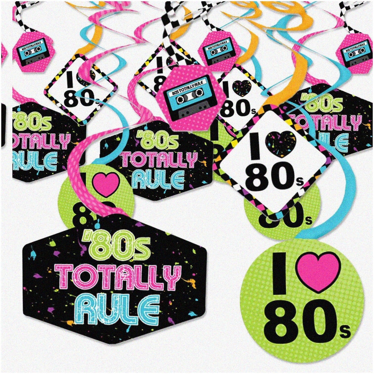 Retro 80s Party Hanging Decor Set 40 Swirls