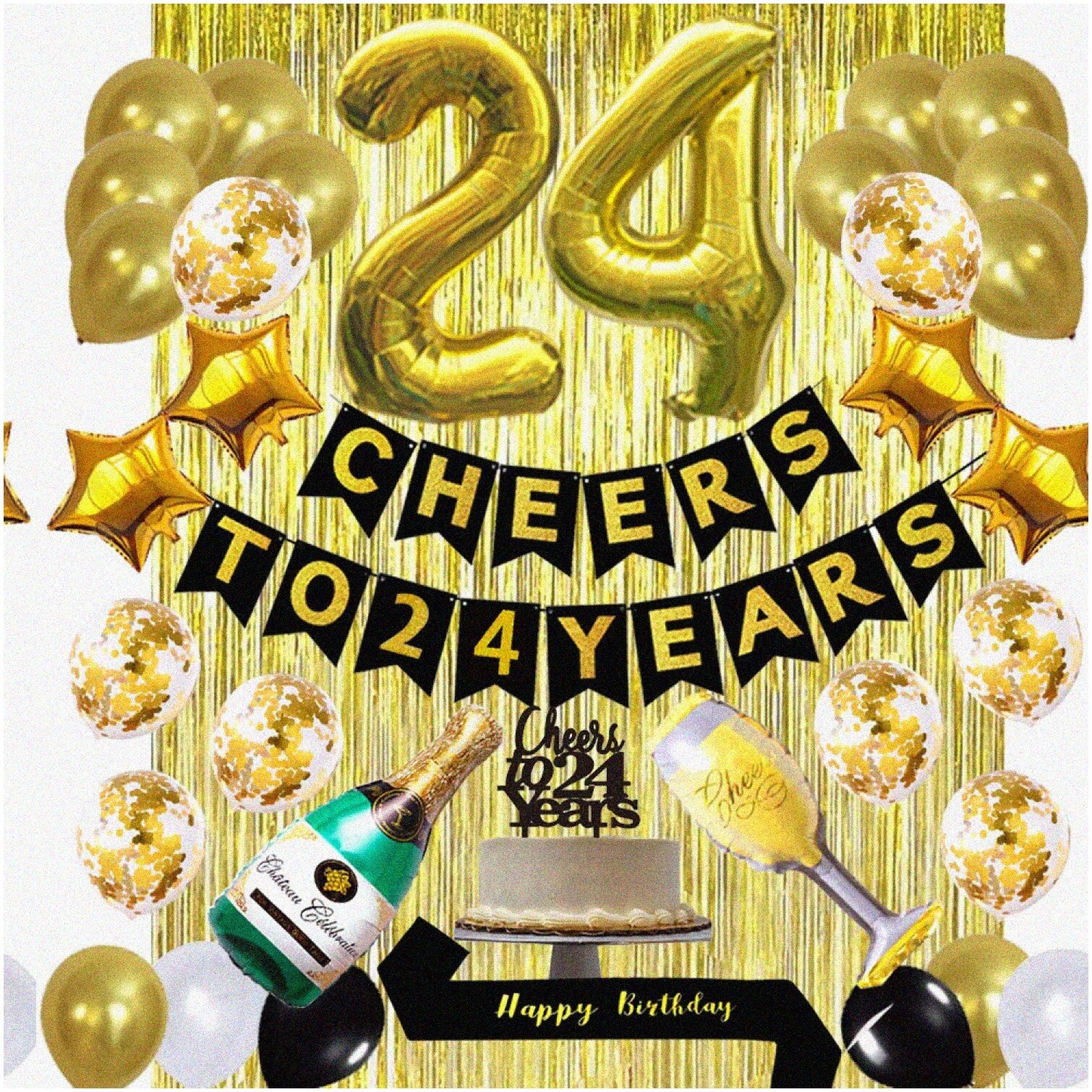 24th Birthday Celebration Kit with Banner, Balloons, Cake Topper, Sash, Gold Tinsel Fringe Curtains