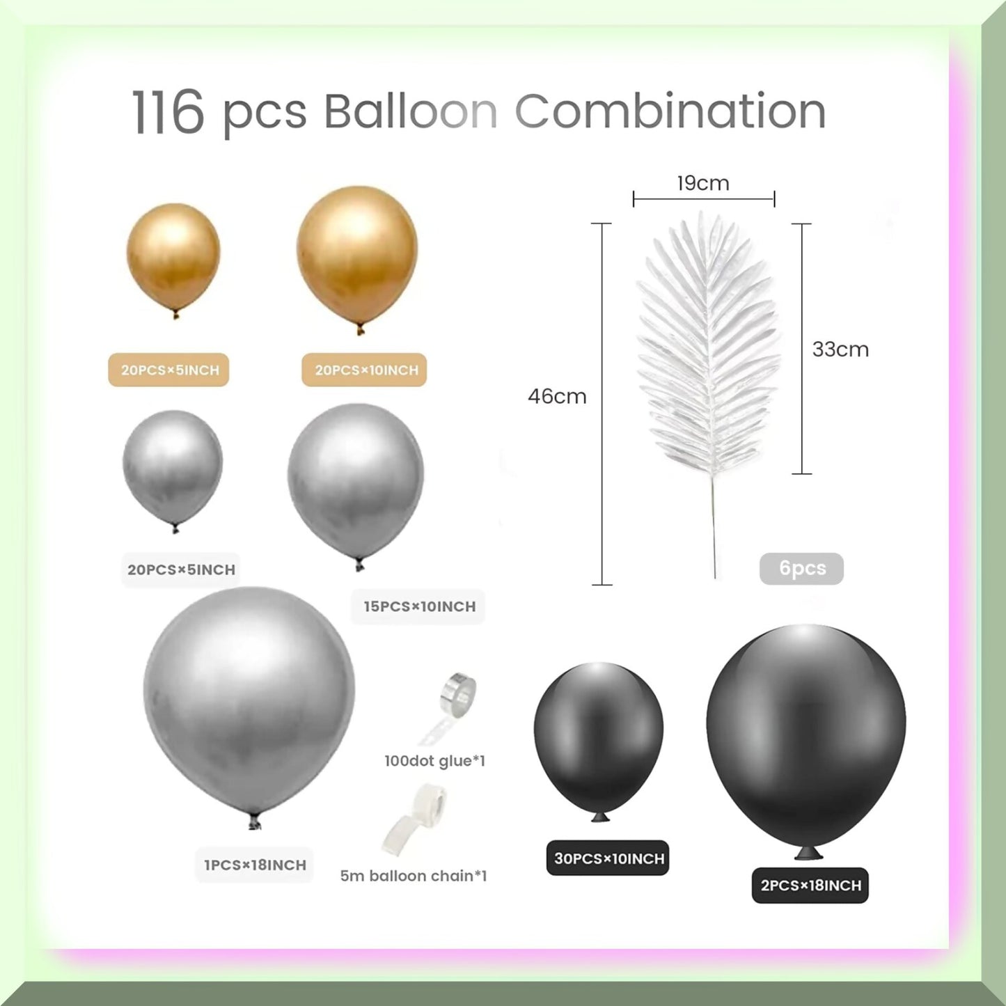 116pcs Balloon Garland Arch Kit Black Gold Silver Chrome