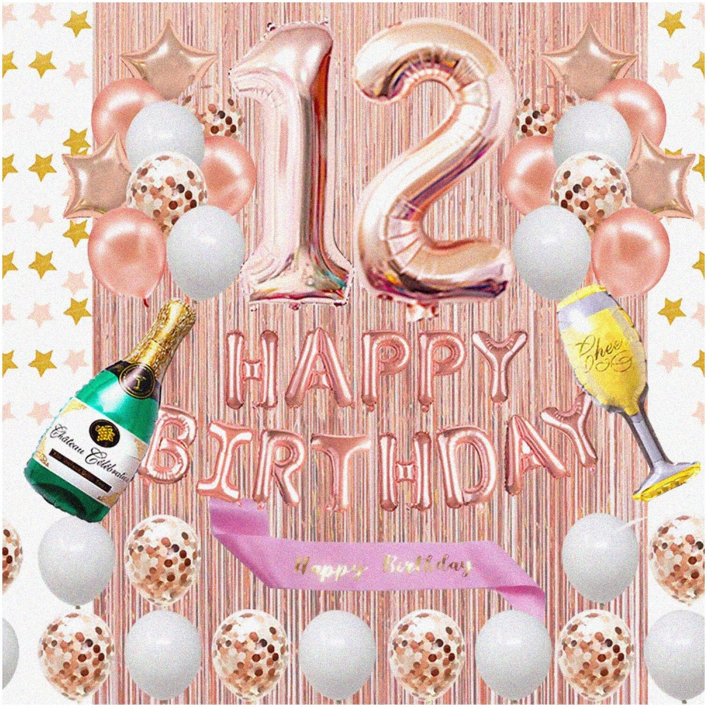 Rose Gold 12th Birthday Party Kit with Banner, Sash, Balloons