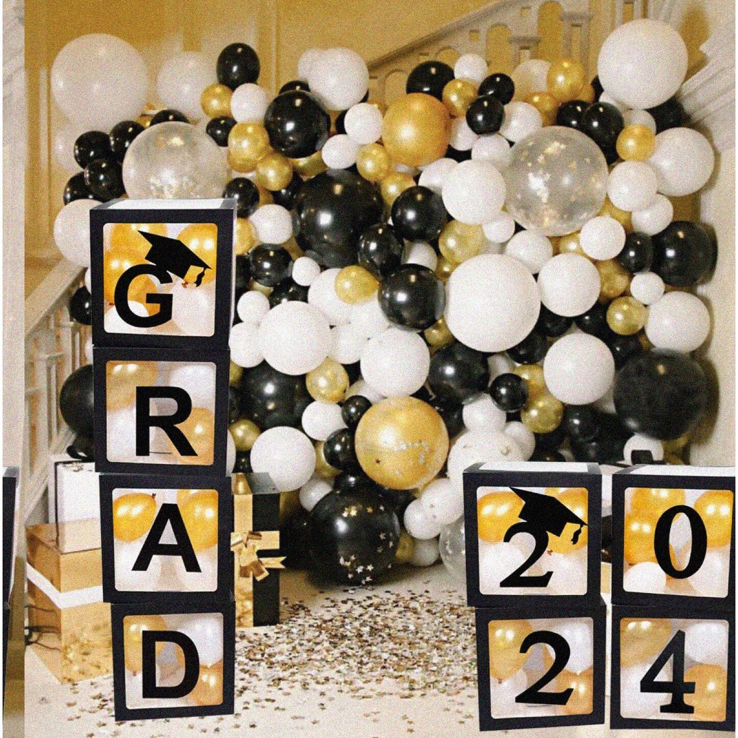 Graduation Party Decorations Set with Black Balloon Boxes and "GRAD" Letters