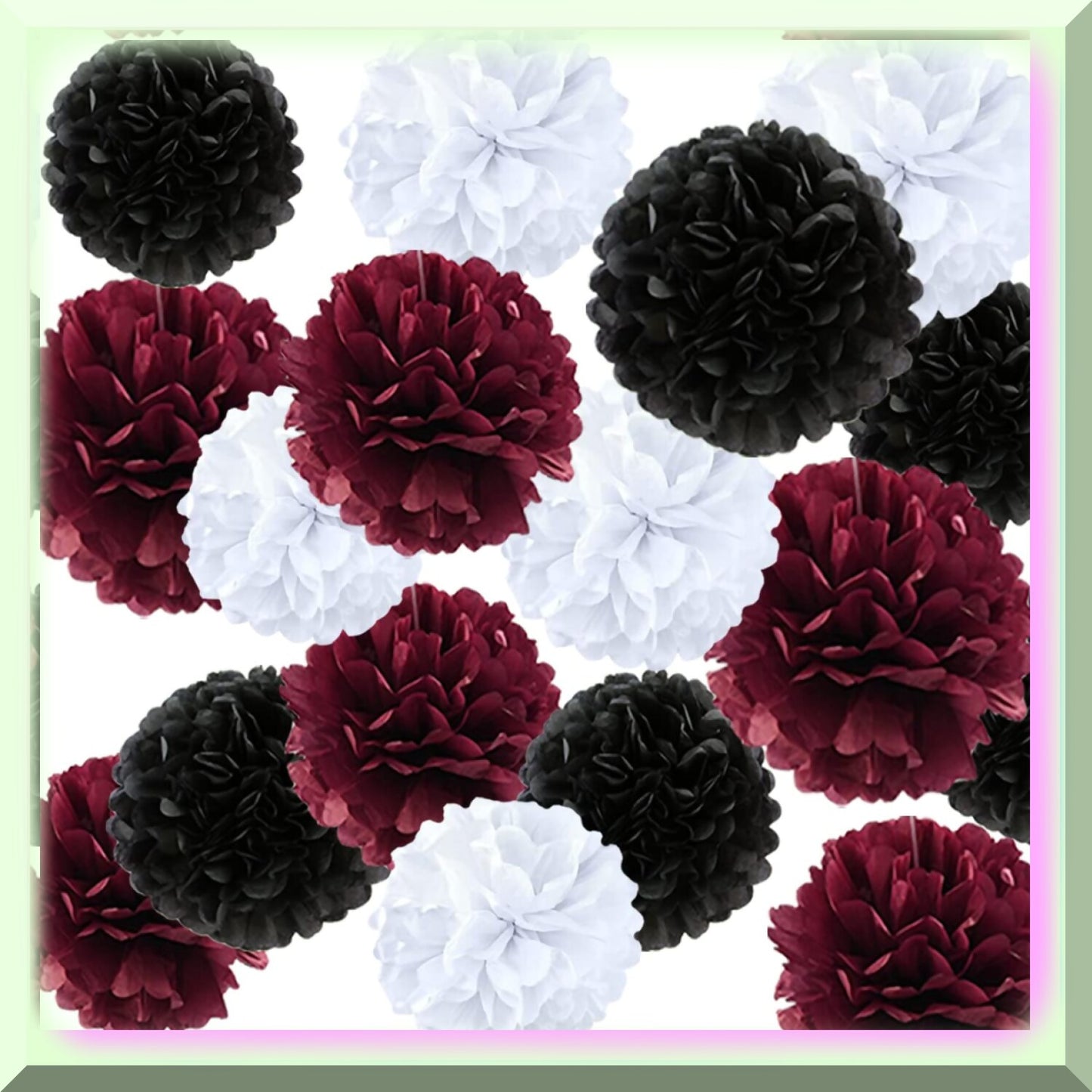 12pcs Tissue Paper Pom Poms Burgundy Black White 8in 10in 28in