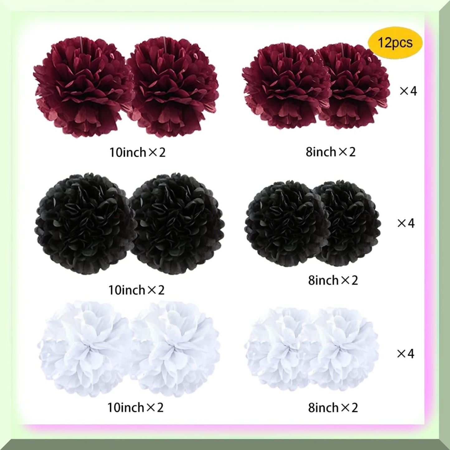 12pcs Tissue Paper Pom Poms Burgundy Black White 8in 10in 28in
