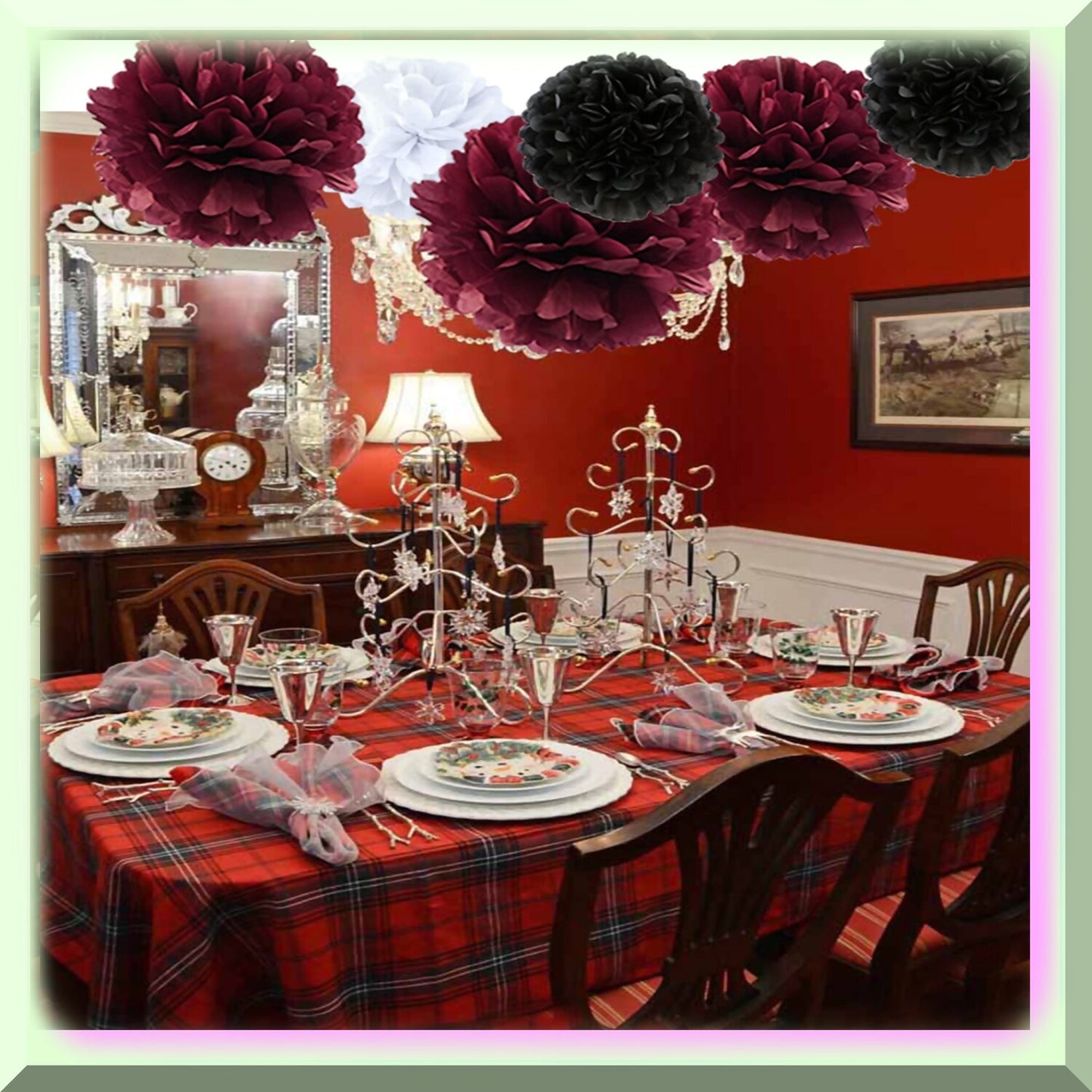 12pcs Tissue Paper Pom Poms Burgundy Black White 8in 10in 28in