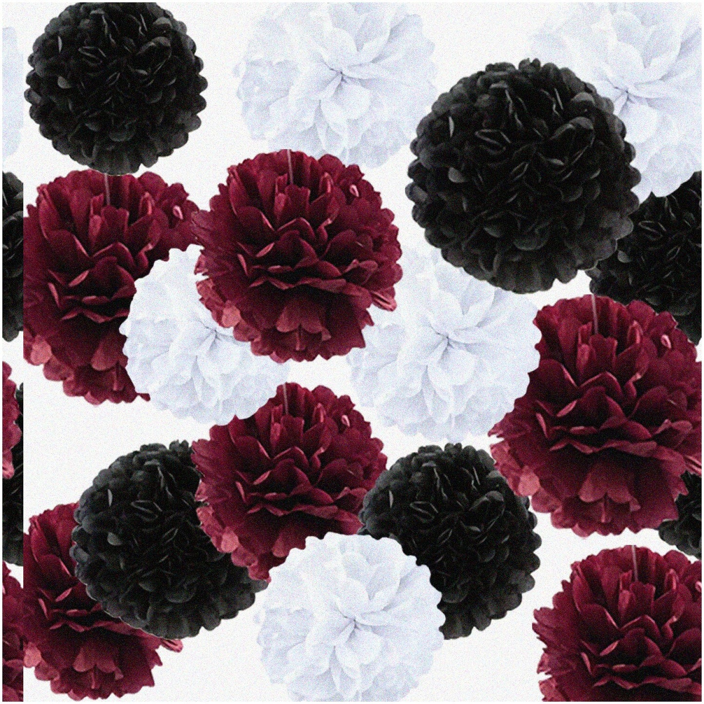12pcs Tissue Paper Pom Poms Burgundy Black White 8in 10in 28in