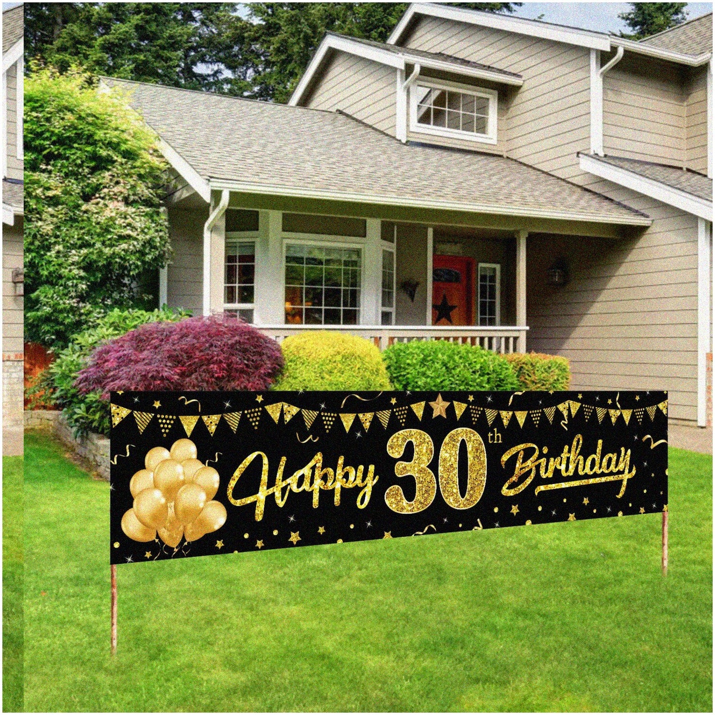 30th Birthday Banner Black Gold Indoor Outdoor Decoration