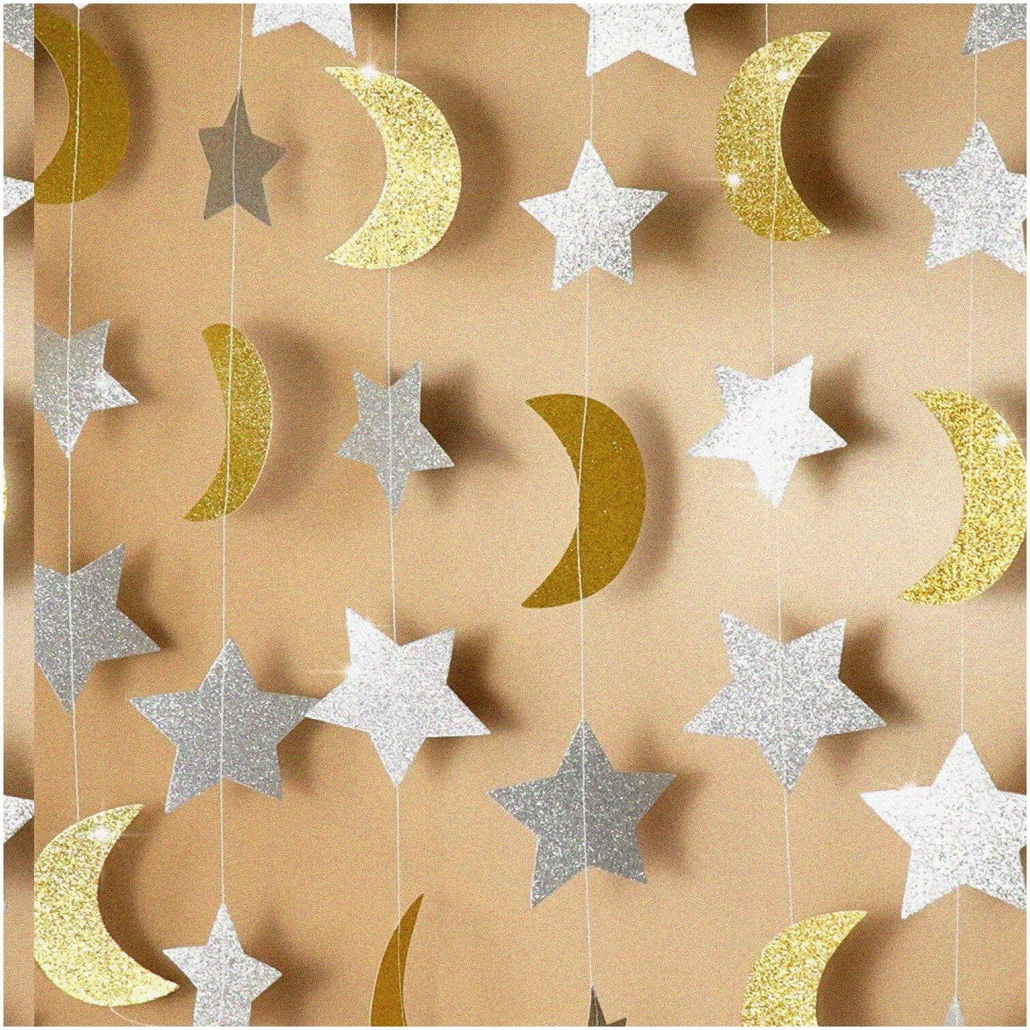 Star and Moon Garland Set, Silver and Gold, 9 Feet