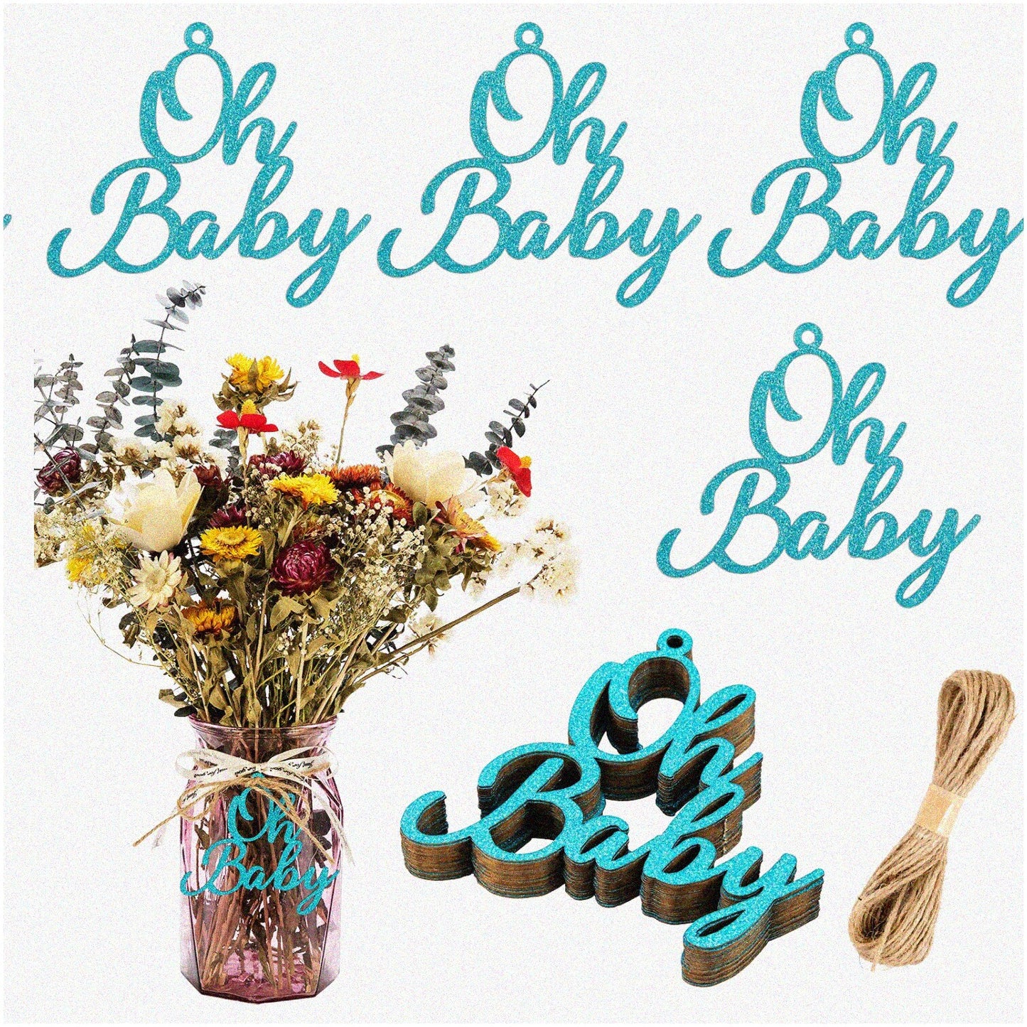 Baby Bliss Mason Jar Decor Set 20PCS Blue Tags Burlap String