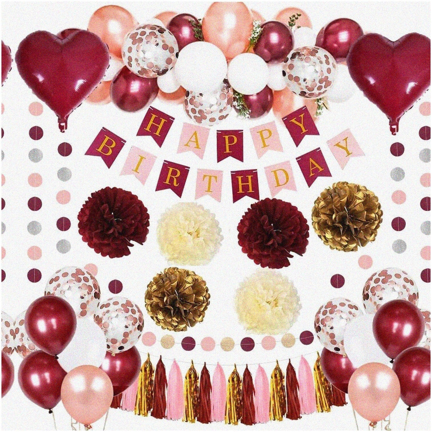 Burgundy Rose Gold Party Decoration Set with Balloons, Banner, Tassels