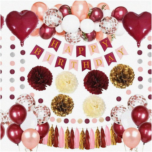 Burgundy Rose Gold Party Decoration Set with Balloons and Banner