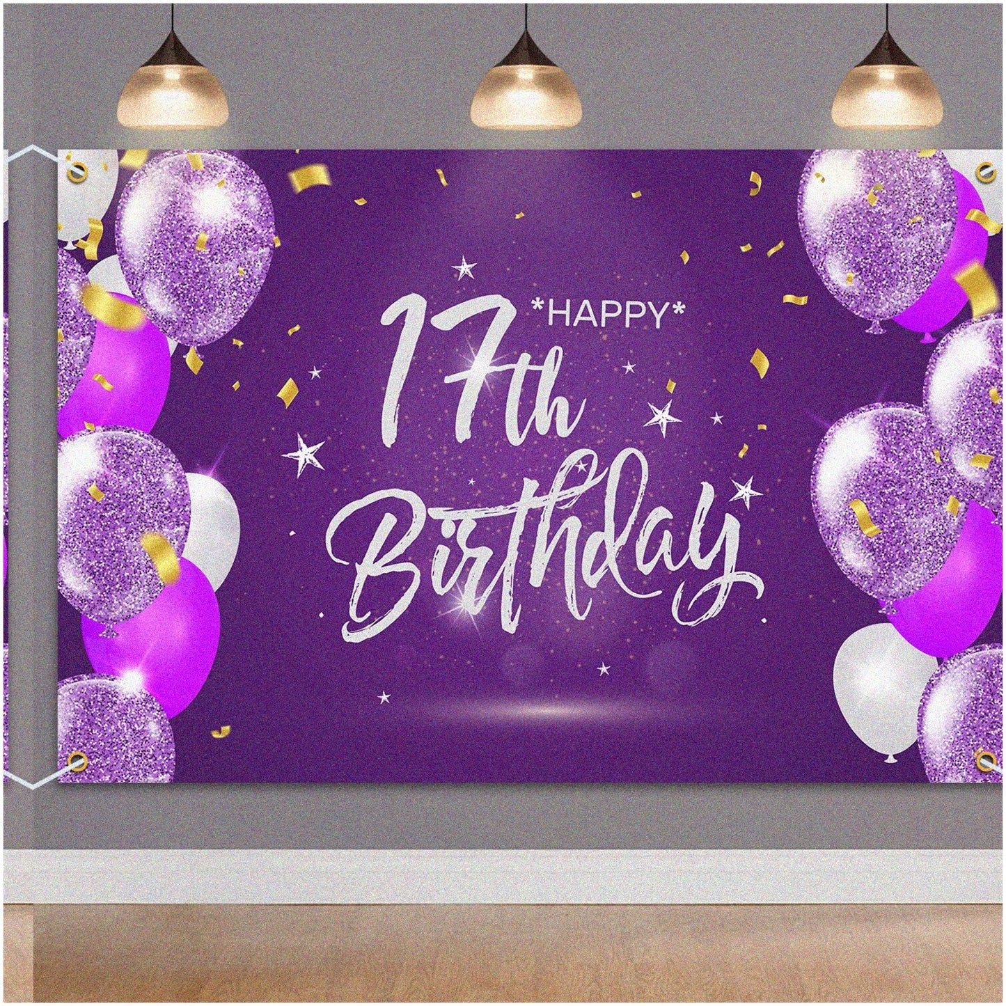 6x4ft Purple Happy 17th Birthday Banner Backdrop