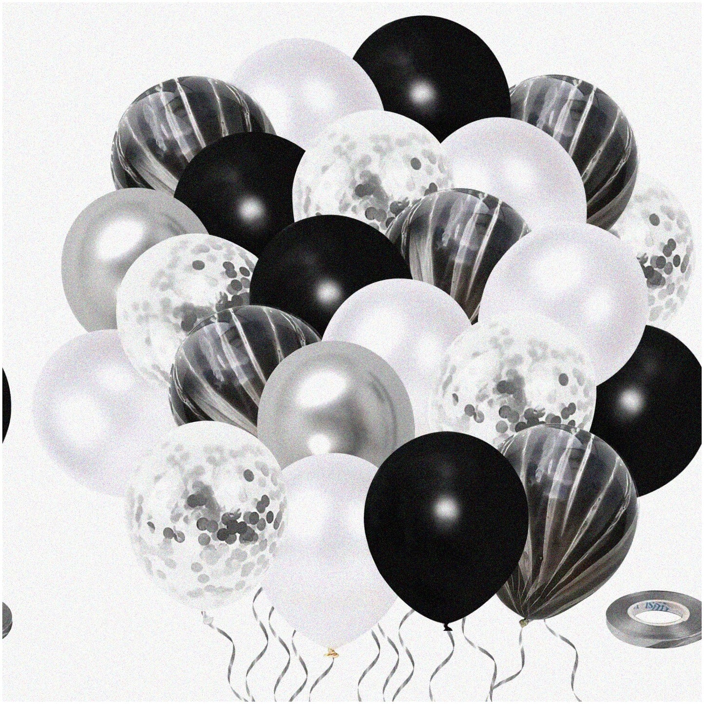 50pcs 12 Inch Latex Balloons Black White Silver Confetti