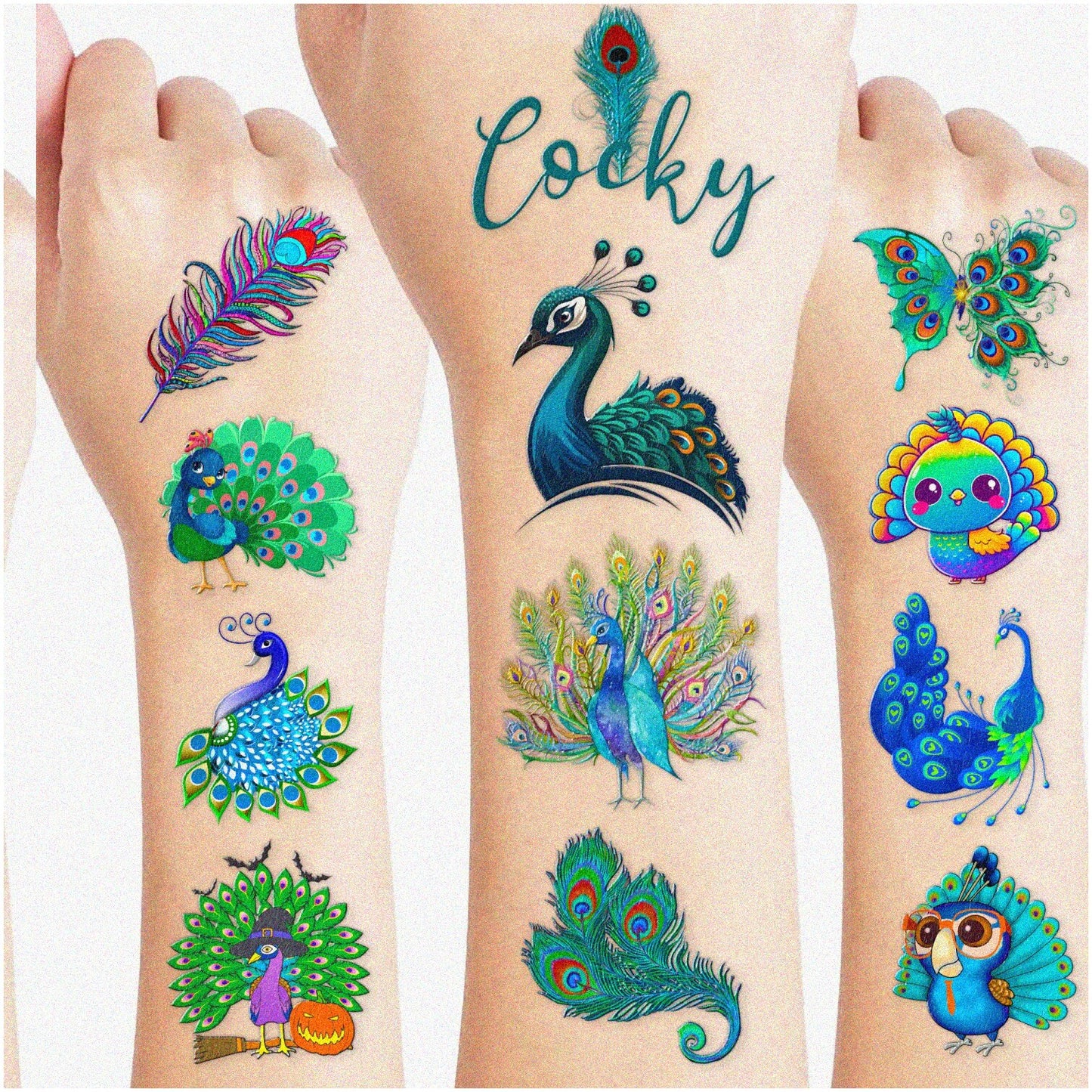 80 Blue Peacock Temporary Tattoos Set