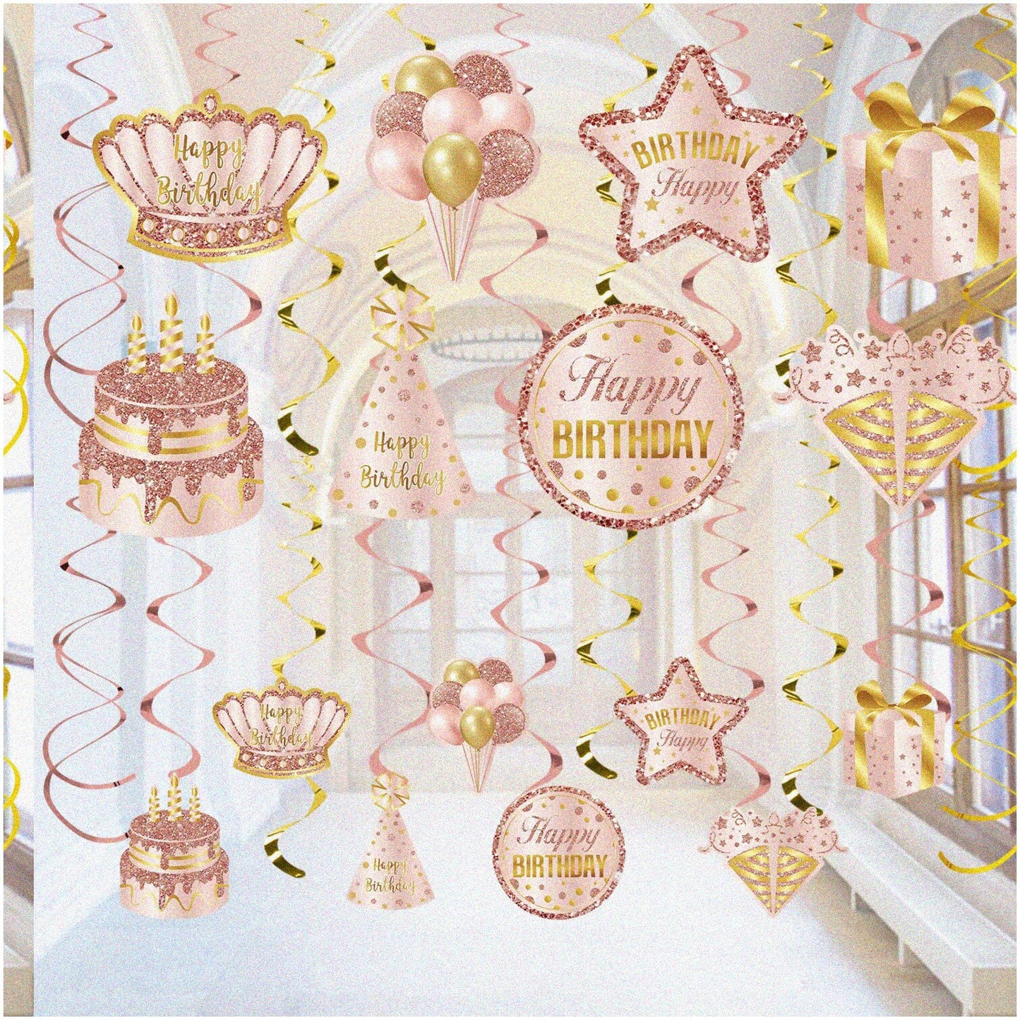 Pink Rose Gold Hanging Swirls Birthday Decorations 30pcs