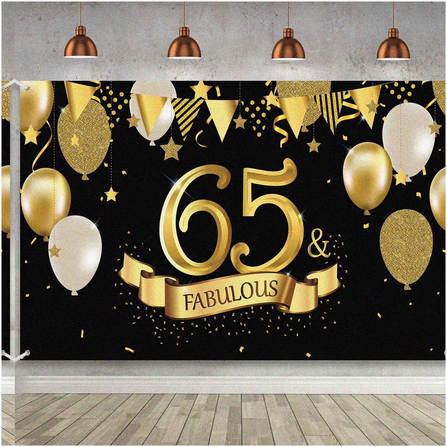 65th Anniversary Black Gold Fabric Backdrop Banner