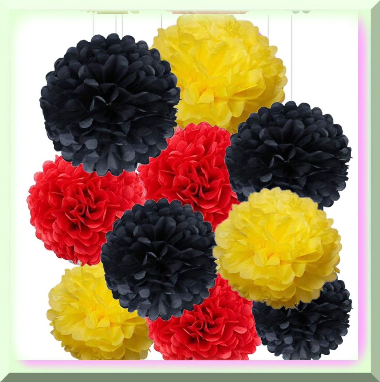 10-Pack 10" Tissue Paper Flower Pom Poms Red Yellow Black
