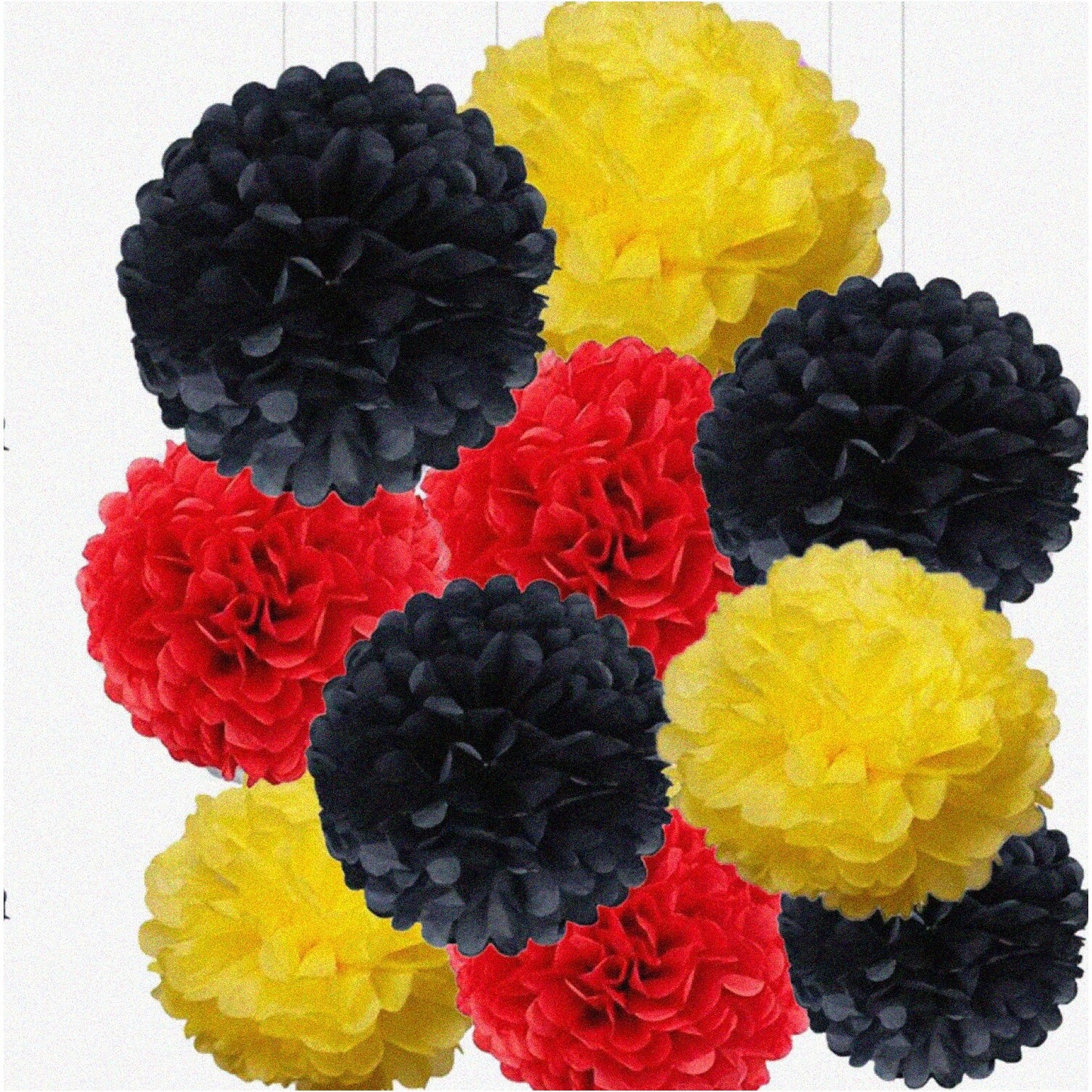 10-Pack 10" Tissue Paper Flower Pom Poms Red Yellow Black