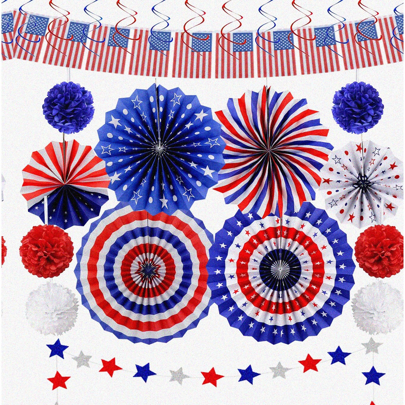 Patriotic Party Decorations Set for USA Flag, Fans, Pom Poms