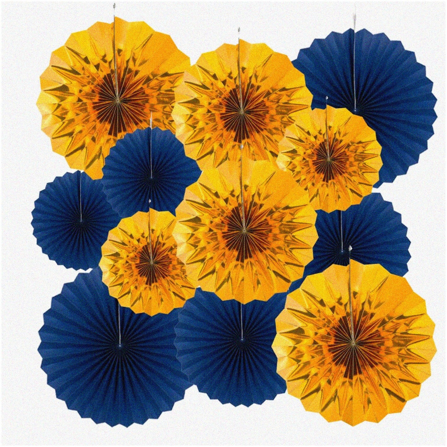 12pc Royal Blue and Gold Paper Fans Set