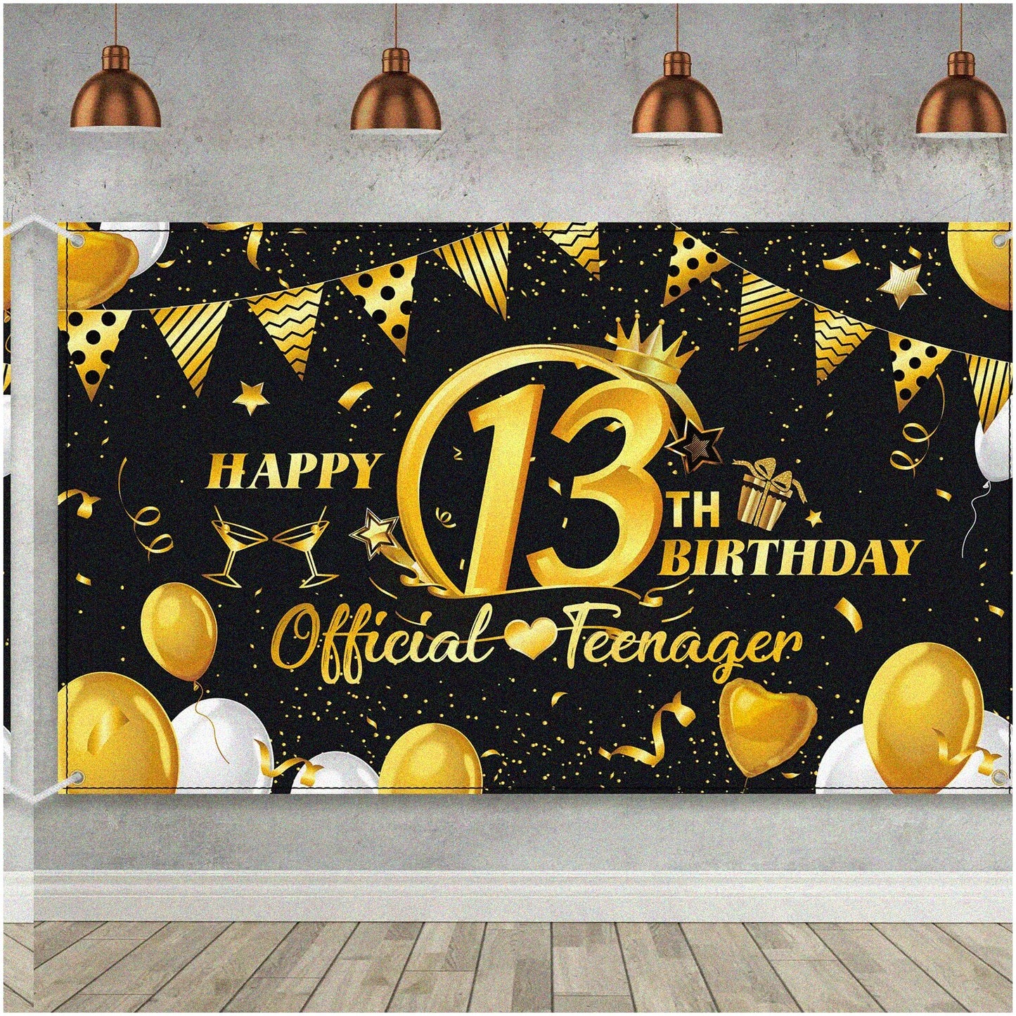 13th Birthday Bash Kit Black and Gold XL Fabric Sign and Banner