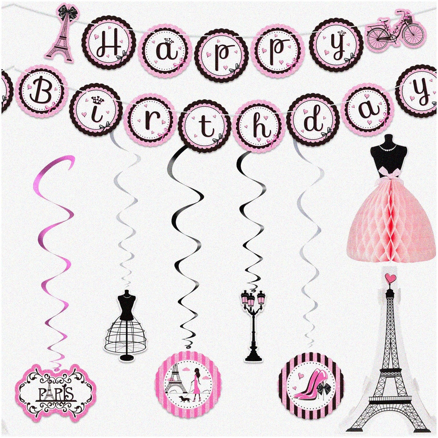 Parisian Birthday Party Decor Set with Banner, Eiffel Tower, Honeycomb Centerpiece