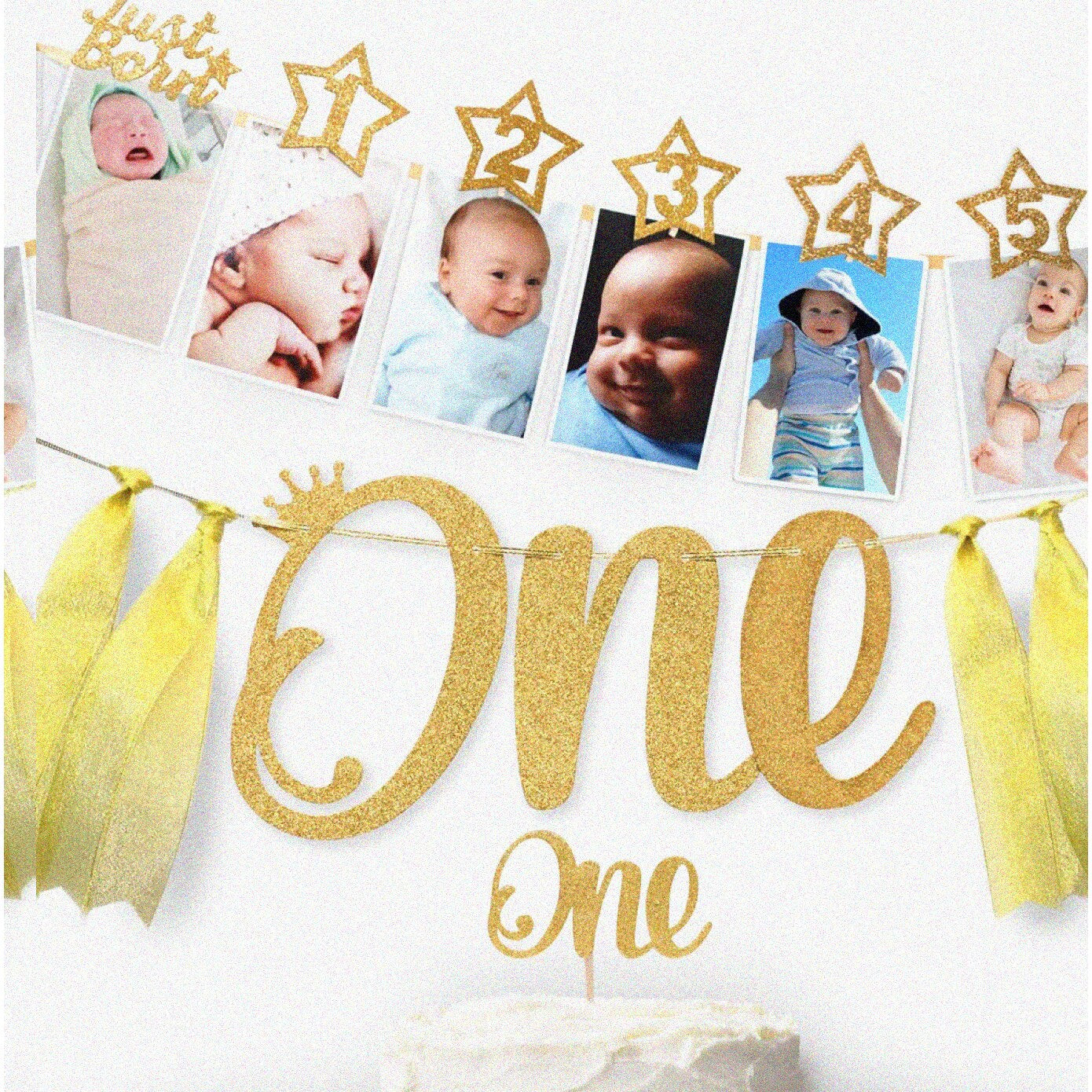 Gold First Year Photo Banner Cake Topper and Garland Set